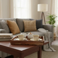 Rustic Acacia Wood Slatted Serving Tray with Cutout Handles Wood Decorative