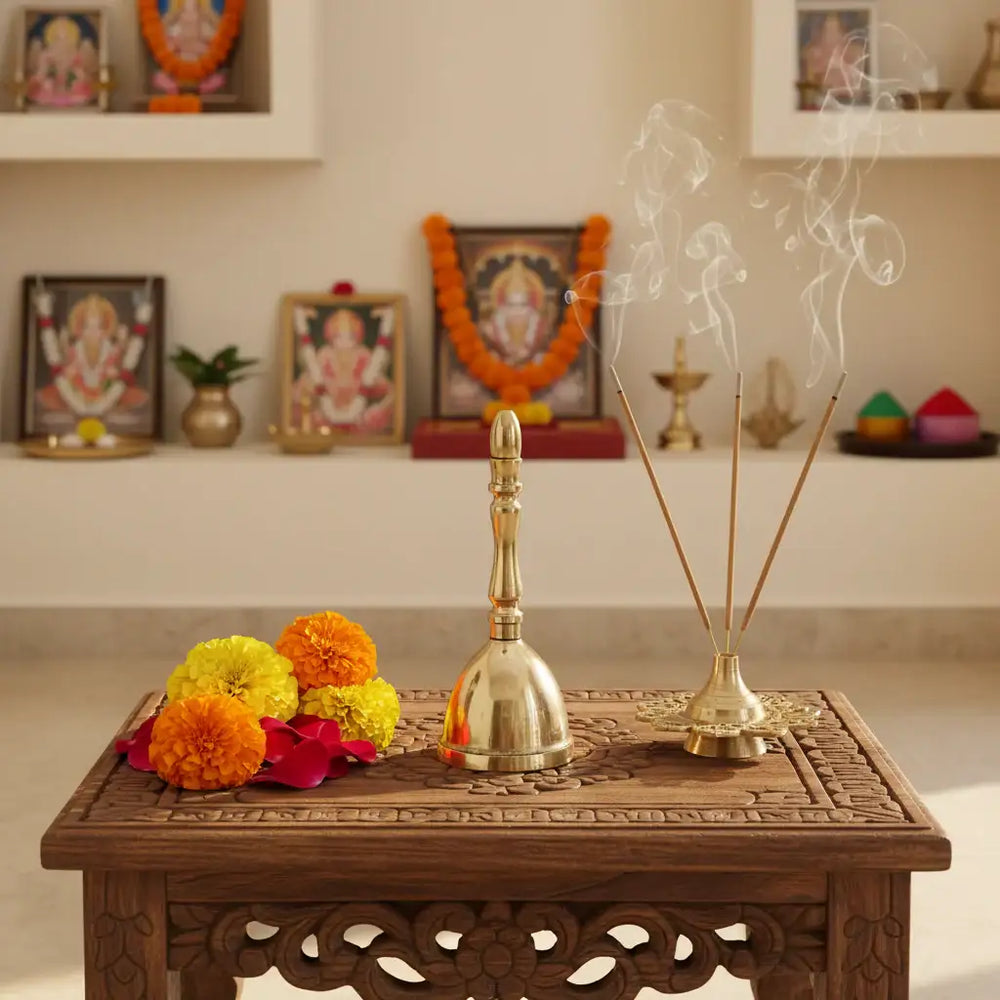 Traditional Golden Brass Puja Bell / Ghanti for Worship Brass Ware