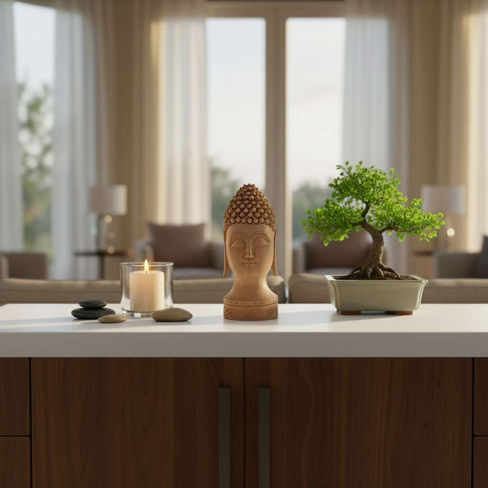 Buddha Wooden Head Statue | Hand-Carved Spiritual Decor maruthi handicrafts