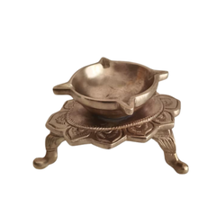 Handcrafted Lotus Pedestal Brass Diya | Traditional Tabletop Oil Lamp with Ornamental Legs Brass Artwork