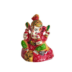 Hand-Painted Ganesha Idol - Auspicious Red Meenakari with Lion Base Metal Decorative