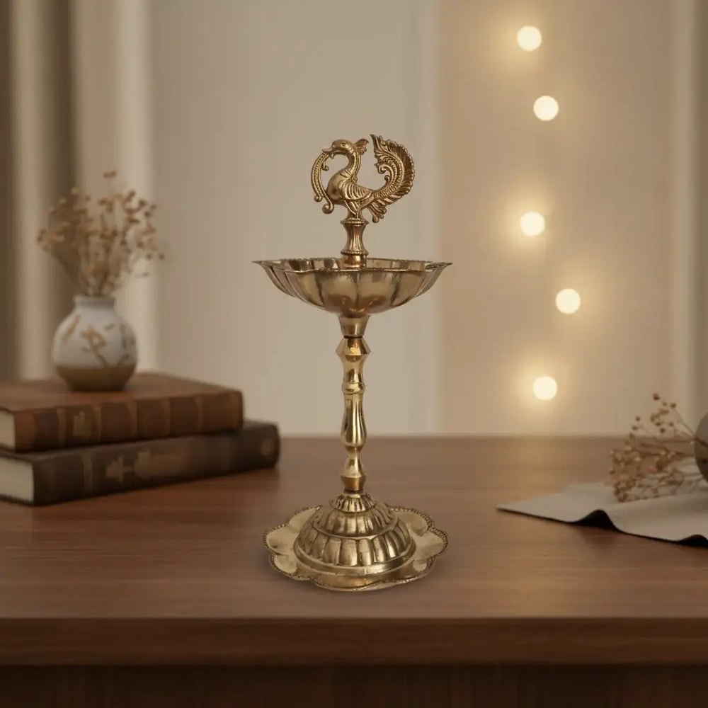 Elegant Traditional Brass Diya Stands (Kuthu Vilakku) with Peacock Finials Brass Ware