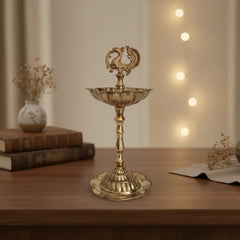 Elegant Traditional Brass Diya Stands (Kuthu Vilakku) with Peacock Finials Brass Ware