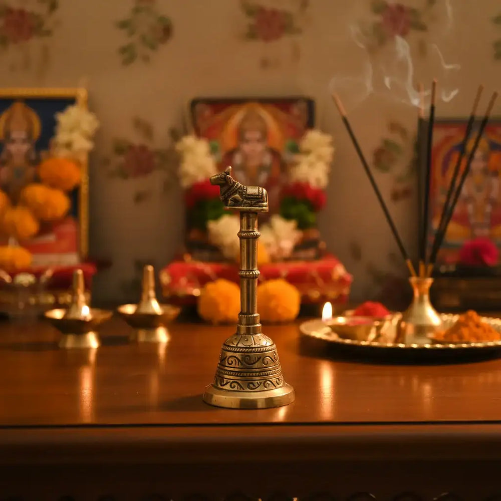 Traditional Brass Ghanta | Temple Bell with Auspicious Nandi Bull Finial Brass Ware