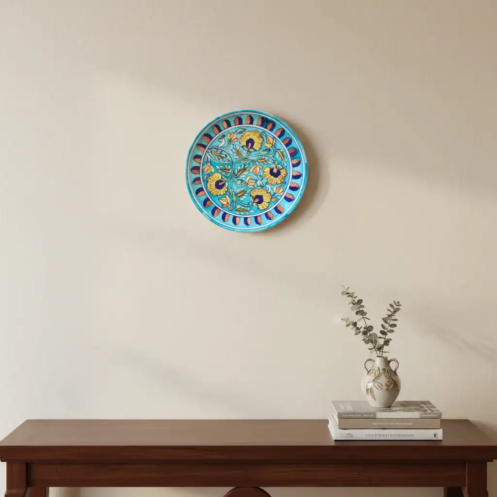 Hand-Painted Floral Motif Decorative Wall Plate Pottery