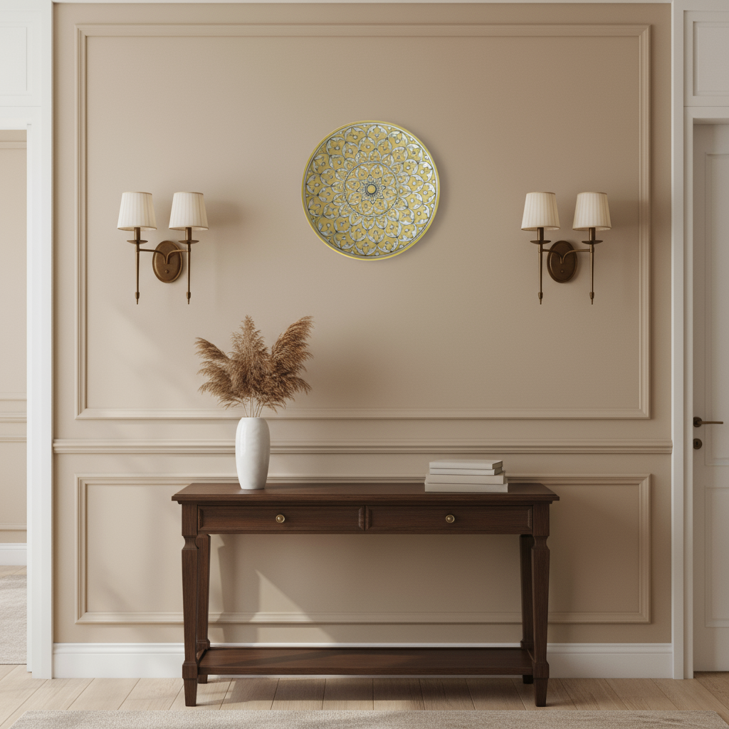 Round decorative item with intricate gold pattern on a white background