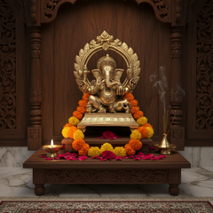 Brass Lord Ganesha Idol on Pedestal with Ornate Prabhavali Arch