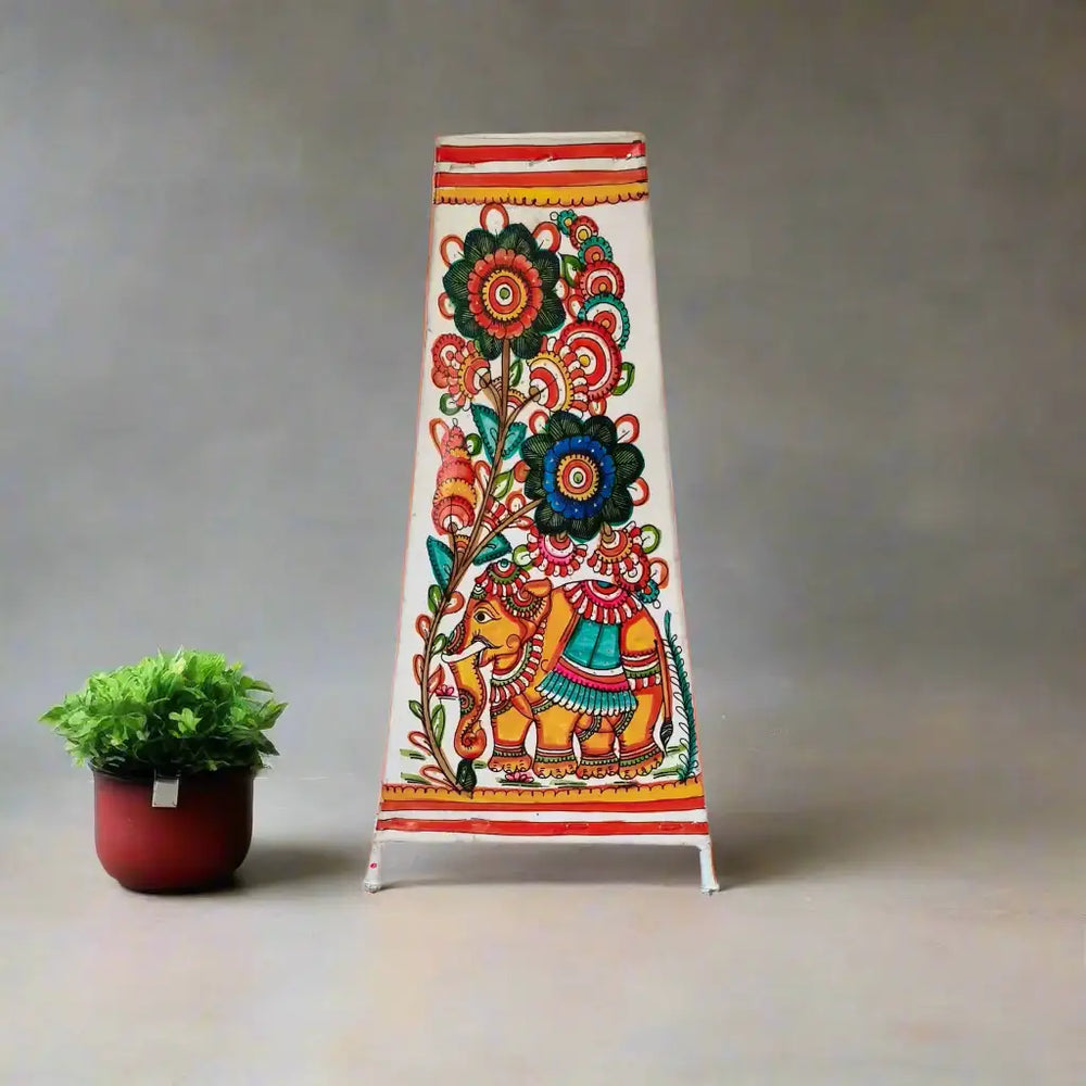Artistic Hand-Painted Indian Leather Lamp with Elephant and Floral Motifs Leather Paintings