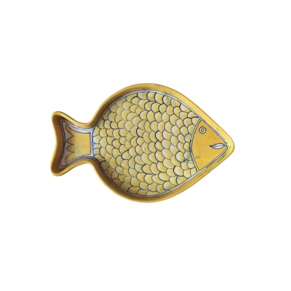Hand-Painted Blue Pottery Fish Wall Decor | Yellow Coastal Art Pottery