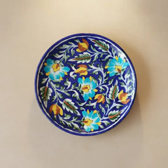 Hand-Painted Blue Floral Quartz Wall Plate Pottery