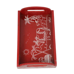 Red wooden serving tray with hand-painted cow artwork