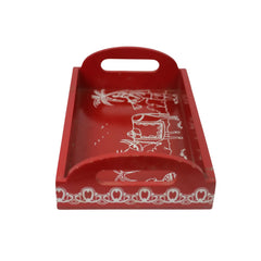 Decorative red wooden tray featuring traditional cow painting