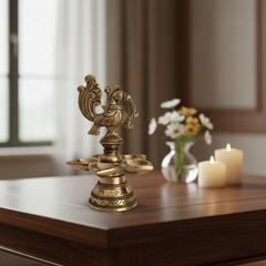 Brass Peacock Deepam (Diya) with Five Wicks