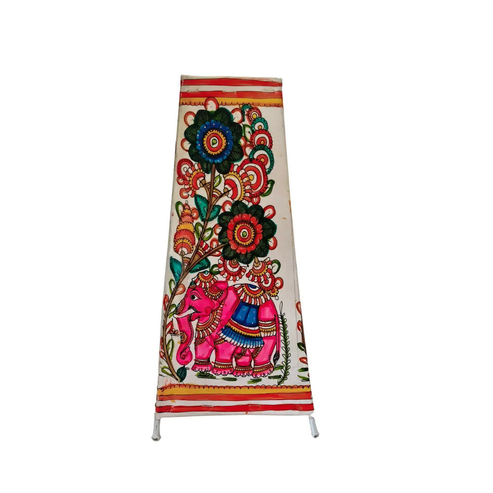 Artistic Hand-Painted Indian Leather Lamp with Elephant and Floral Motifs Leather Paintings