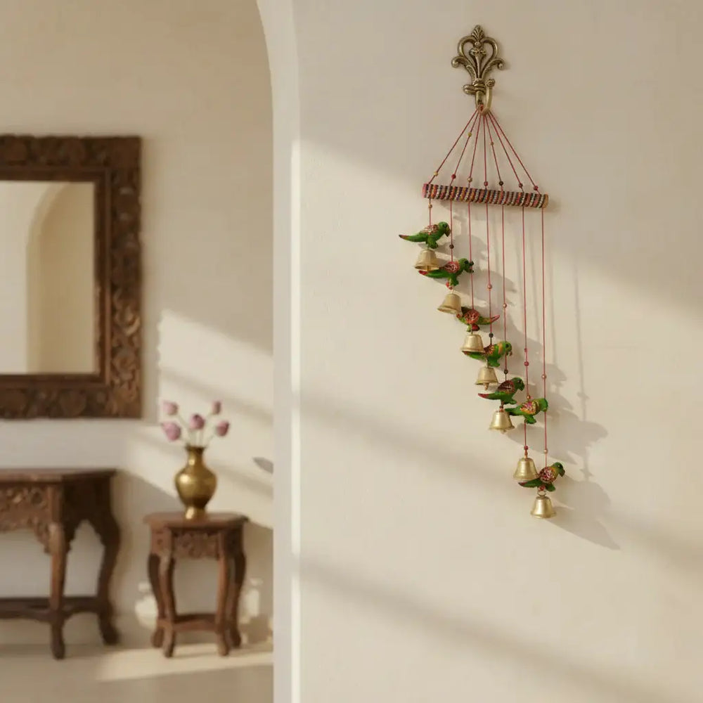 Vibrant Indian folk art parrot cascade wall hanging with colorful hand-painted wooden parrots in cascading design