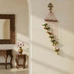Vibrant Indian folk art parrot cascade wall hanging with colorful hand-painted wooden parrots in cascading design