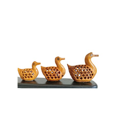 Charming Wooden Jali Work Duck Family Sculpture on Display Base Wood Decorative