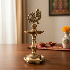 Deepak/Diya Lamp with Peacock (Mayur) Finial, A Symbol of Light and Prosperity Brass Ware