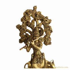 Brass Krishna Muralidhar Statue with Kadamba Tree and Cow | Handcrafted Divine Table Décor Brass Artwork