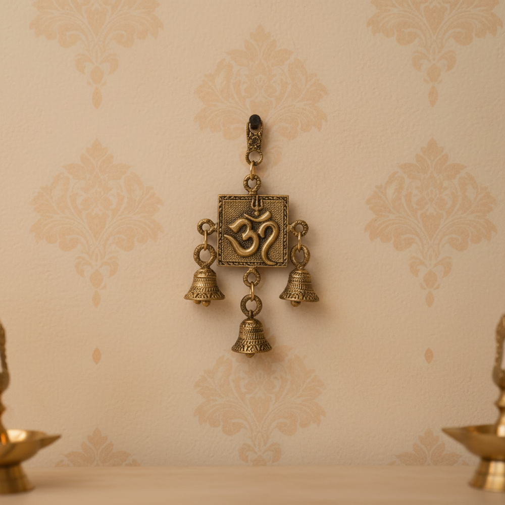 Auspicious Handcrafted Brass Om Symbol Hanging with Melodious Bells Brass Ware