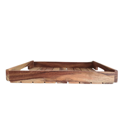 Rustic Acacia Wood Slatted Serving Tray with Cutout Handles