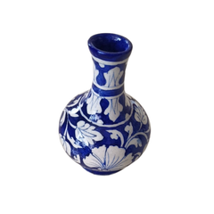 Elegant Blue Pottery Floral Vase | Hand-Painted White on Blue Decor