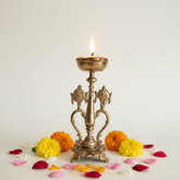 Sacred Brass Vishnu Shankh Chakra Pedestal Lamp | Traditional Divine Altar Diya Brass Artwork