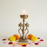Sacred Brass Vishnu Shankh Chakra Pedestal Lamp | Traditional Divine Altar Diya Brass Artwork