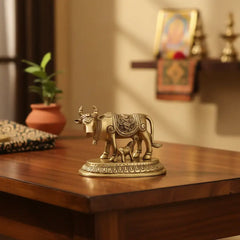 Brass Kamadhenu Cow and Calf Idol – Divine Gau Mata for Wealth Brass Ware