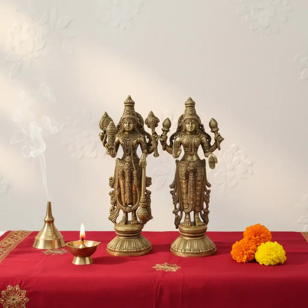 Divine Brass Vishnu Lakshmi Idols Set – Traditional South Indian Handcrafted Art Brass Ware