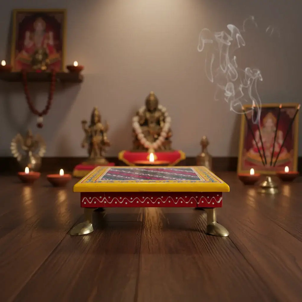 Hand-Painted Wooden Stool For Pooja (Chowki) with Traditional Design Wood Decorative