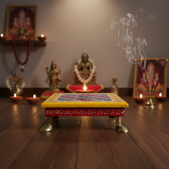 Hand-Painted Wooden Pooja Stool (Chowki) with Traditional Design