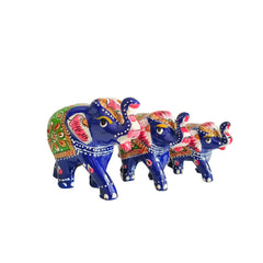 Set of 3 Hand-Painted Wooden Elephant Family Figurines - Royal Blue Wood Decorative