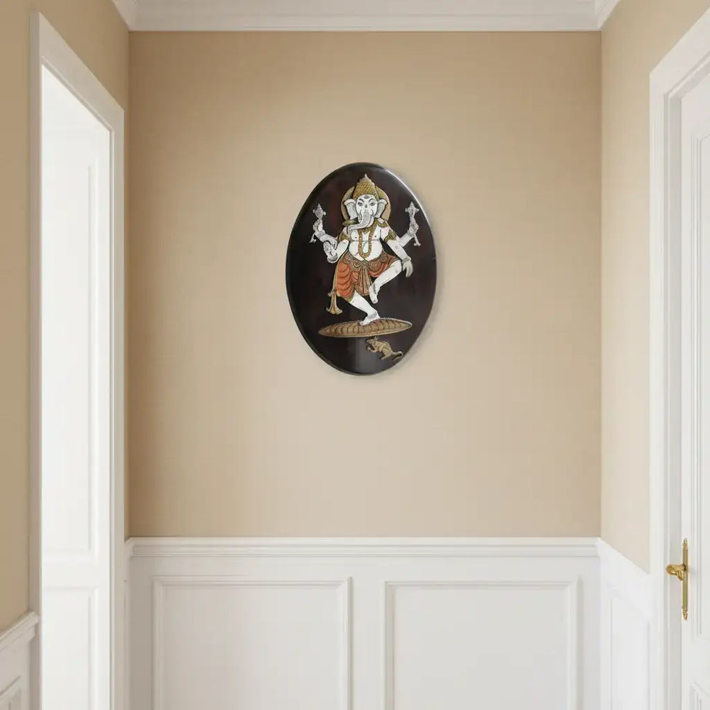Nritya Ganesha (Dancing Ganesha) – Oval Rosewood Inlay Frame Inlay Art