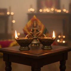 Pair Traditional Brass Oil Lamp (Diya) with Elephant Handle Brass Ware