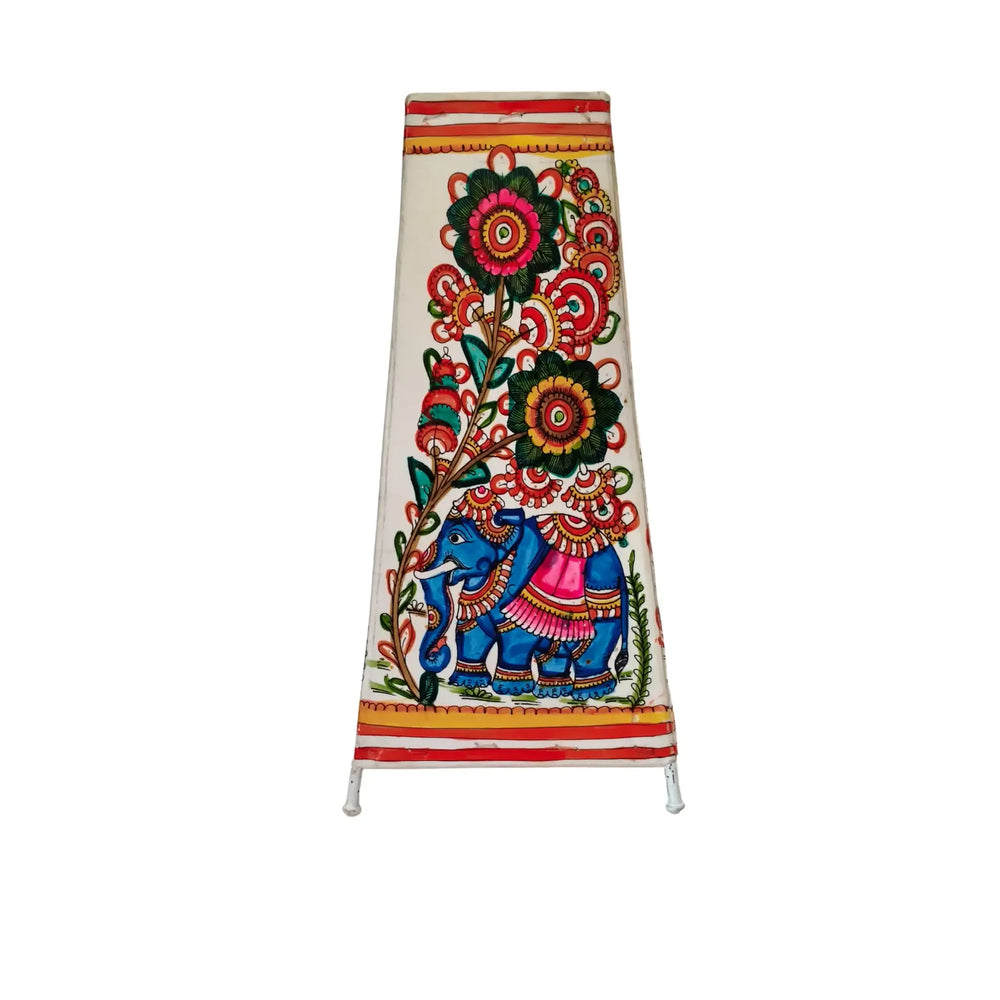 Artistic Hand-Painted Indian Leather Lamp with Elephant and Floral Motifs Leather Paintings