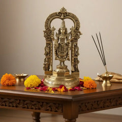 Antique Brass Lord Venkateswara Idol – Tirupati Balaji Statue with Arch for Home Temple Brass Ware