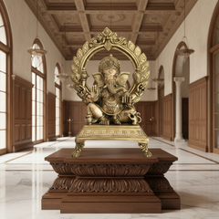 Brass Lord Ganesha Idol on Pedestal with Ornate Prabhavali Arch