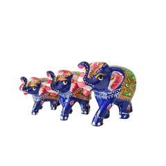 Set of 3 Hand-Painted Wooden Elephant Family Figurines - Royal Blue Wood Decorative