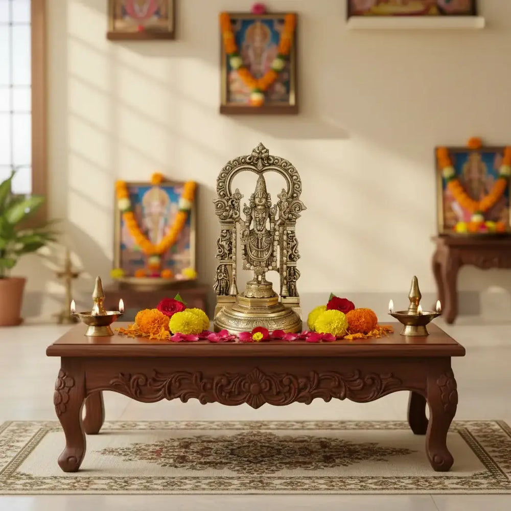 Antique Brass Lord Venkateswara Idol – Tirupati Balaji Statue with Arch for Home Temple Brass Ware