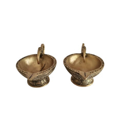 Pair Traditional Brass Oil Lamp (Diya) with Elephant Handle Brass Ware