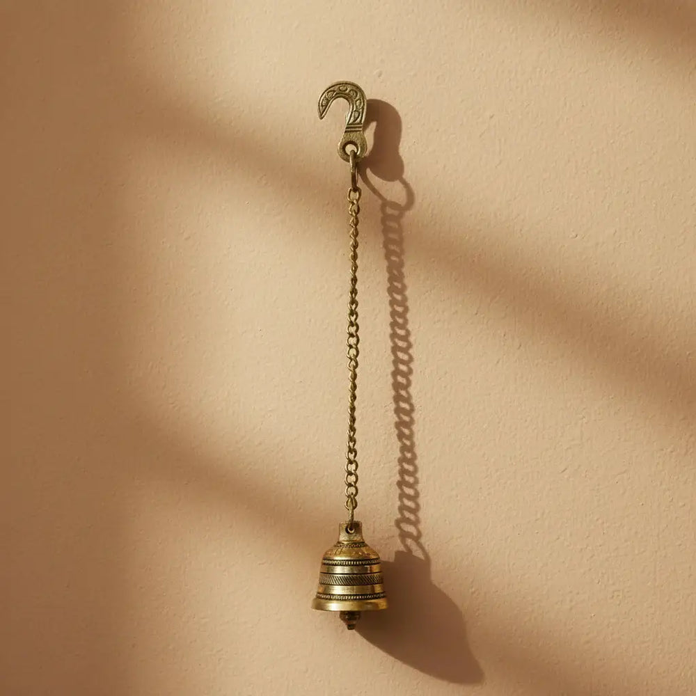 Handcrafted Antique Finish Hanging Brass Temple Bell with Chain and Hook Brass Ware