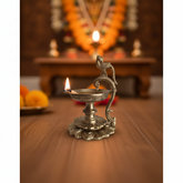 Handcrafted Brass Peacock Pedestal Diya – Traditional Tabletop Oil Lamp with Lotus Base Brass Artwork