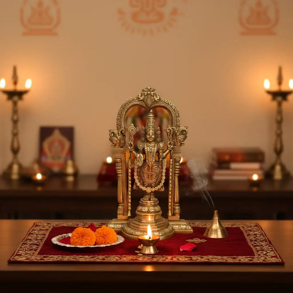Brass Lord Venkateswara Statue (Balaji) with Majestic Prabhavali Arch Brass Ware