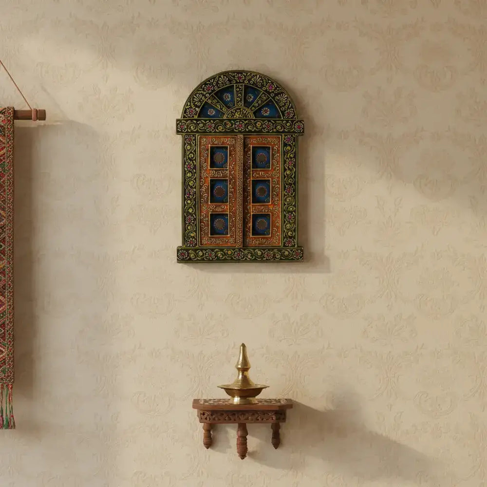 Hand-Painted Wooden Jharokha Door Frame – Traditional Wall Decor maruthi handicrafts