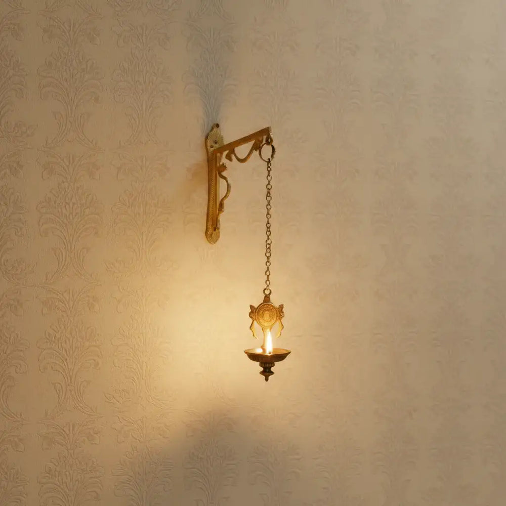 Traditional Handcrafted Hanging Brass Diya/Deepam with Chain and Decorative Chakra Brass Ware