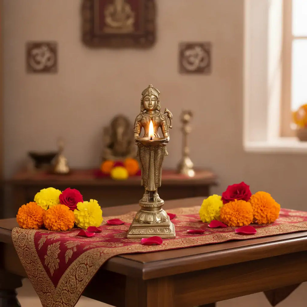 Elegantly Sculpted Brass Deepa Lakshmi Statue (Lady with Lamp) Brass Ware