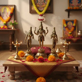 Brass Vishnu Lakshmi Bhudevi Statue Set – Antique Finish Hindu Deity Trio Idol Brass Ware