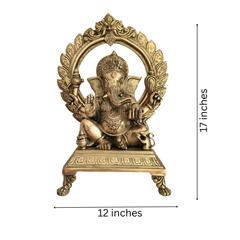 Brass Lord Ganesha Idol on Pedestal with Ornate Prabhavali Arch