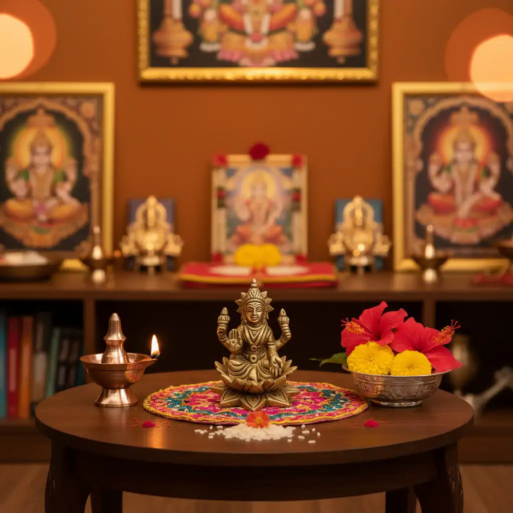 Miniature Golden Brass Idol of Goddess Lakshmi Seated on a Lotus Brass Ware